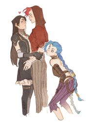  3girls aged_down arcane:_league_of_legends arcane_caitlyn arcane_jinx arcane_vi artist_name blue_eyes blue_hair blush braid brown_hair caitlyn_(league_of_legends) commentary drink drinking drinking_straw drinking_straw_in_mouth english_commentary heart height_difference highres hood hug jinx_(league_of_legends) league_of_legends long_hair meme multiple_girls otp_and_the_third_wheel_best_friend_(meme) pink_hair siblings simple_background sisters sweat twin_braids velinxi vi_(league_of_legends) white_background yuri 