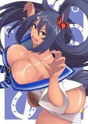  :d animal_ears arm_up bikini_tan black_hair breasts brown_eyes claw_pose clothing_cutout dark-skinned_female dark_skin day dress female hair_between_eyes hair_ornament hairclip highres hishi_amazon_(umamusume) horse_ears horse_girl horse_tail horseshoe_ornament horseshoe_print large_breasts long_hair no_bra no_panties oerba_yun_fang off-shoulder_dress off_shoulder open_mouth outdoors reibun_(raven1119) scrunchie side_cutout sidelocks sky smile solo tail tan tanlines umamusume very_long_hair white_dress 