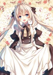  :d apron black_dress black_ribbon blue_eyes blush buttons double-breasted dress fate/grand_order fate_(series) female floating_hair grey_hair hair_ribbon highres juliet_sleeves long_hair long_sleeves looking_at_viewer maid maid_apron marie_antoinette_(animejapan_2016)_(fate) marie_antoinette_(fate) neck_ribbon official_alternate_costume open_mouth puffy_sleeves ribbon skirt_hold smile solo standing toosaka_asagi twintails_day white_apron 