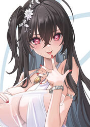  :p alternate_costume armlet azur_lane bare_shoulders black_hair blush bracelet breasts cleavage collarbone crossed_bangs female fingernails flower hair_between_eyes hair_flower hair_ornament hand_on_own_chest head_tilt heart heart-shaped_pupils highres jewelry large_breasts looking_at_viewer nail_polish pink_eyes red_nails see-through side_ponytail soar_sora222 solo symbol-shaped_pupils taihou_(azur_lane) tongue tongue_out upper_body 