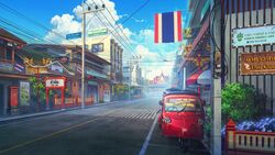  architecture blue_sky building city cityscape cloud crosswalk day english_commentary english_text highres no_humans original outdoors power_lines rickshaw rkmlady road scenery shop sign sky street thai_flag thai_text thailand tuk-tuk utility_pole 