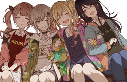  4girls :d ^_^ akazu_kieshi arm_at_side black_choker black_hair black_jacket blonde_hair blue_jacket blunt_bangs blurry brown_hair choker clenched_hand closed_eyes clothes_writing collared_shirt colored_tips commentary denim denim_shorts depth_of_field drill_hair dutch_angle facing_viewer feet_out_of_frame gradient_hair green_eyes grey_eyes grey_hair grey_jacket hair_ornament hairclip hand_up happy highres hinomori_shiho hood hood_down hoodie hoshino_ichika_(project_sekai) jacket jeans knees_together_feet_apart legs_together leo/need_(project_sekai) light_blush light_smile lineup locked_arms long_hair looking_at_another looking_to_the_side mochizuki_honami multicolored_clothes multicolored_hair multicolored_jacket multiple_girls open_clothes open_jacket overalls pants parted_lips pin pink_hair pink_jacket plaid plaid_jacket pleated_skirt polka_dot polka_dot_jacket project_sekai purple_jacket red_sweater resonate_with_you_(project_sekai) ribbon_pin shade shirt short_hair short_hair_with_long_locks shorts side_drill sidelighting simple_background single_sidelock sitting skirt smile star_(symbol) star_pin star_print straight_hair striped_clothes striped_jacket sweater swept_bangs tenma_saki tsurime twintails twitter_username v_arms wavy_hair white_background white_hoodie white_shirt white_skirt x_hair_ornament 