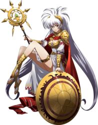  armor bare_legs breasts cape cleavage closed_mouth dress female floating_hair full_body greece grey_hair hair_between_eyes hair_ornament highres holding holding_staff langrisser langrisser_iii long_dress long_hair luna_(langrisser) medium_breasts official_art red_cape red_eyes sandals shield shiny_skin shoulder_armor side_slit smile solo staff standing thighlet third-party_source toeless_legwear transparent_background twintails very_long_hair white_dress 