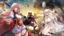  3girls asymmetrical_legwear axe azur_lane black_coat black_dress black_gloves black_shorts blonde_hair blue_eyes boots breasts brest_(azur_lane) brown_footwear brown_hair cape cleavage clothing_cutout coat coat_on_shoulders commentary_request corset crown detached_sleeves dragon dress feet_out_of_frame full_body gloves half_gloves highleg highleg_panties highres holding holding_polearm holding_staff holding_weapon jean_bart_(azur_lane) juliet_sleeves kakao_(chocolate_land) knee_boots large_breasts leotard long_hair long_sleeves looking_at_viewer multicolored_clothes multicolored_dress multiple_girls multiple_swords official_art open_clothes open_coat orange_hair outdoors panties polearm ponytail puffy_sleeves purple_eyes red_cape red_eyes red_gloves red_thighhighs richelieu_(azur_lane) scabbard second-party_source sheath sheathed short_dress short_shorts shorts small_breasts staff striped_clothes striped_sleeves striped_thighhighs sword thighhighs underboob underboob_cutout underwear vertical-striped_clothes vertical-striped_thighhighs very_long_hair weapon white_dress white_leotard white_panties 