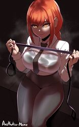  aestheticc-meme black_background bra bra_visible_through_clothes breasts chainsaw_man curvy female femdom highres large_breasts leash looking_at_viewer makima_(chainsaw_man) medium_hair necktie red_hair shirt simple_background smile solo underwear wet wet_clothes wet_shirt yellow_eyes 