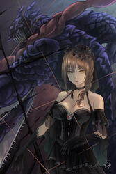  :d black_choker black_dress black_gloves braid braided_ponytail breasts brown_hair chainsaw_devil chainsaw_man chinese_commentary choker cleavage collarbone commentary_request dress elbow_gloves female gloves hair_over_shoulder highres intestine_clothing intestines kogawa_(kris_386k) large_breasts long_hair looking_at_viewer makima_(chainsaw_man) ribbon_choker ringed_eyes sleeveless sleeveless_dress smile veil yellow_eyes 