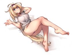  absurdres barefoot bikini blonde_hair blue_eyes blush breasts commission feet female full_body granblue_fantasy hair_intakes hairband hand_in_own_hair highres invisible_chair jeanne_d&#039;arc_(granblue_fantasy) kelvin_hiu leg_up long_hair looking_at_viewer medium_breasts messy_hair navel purple_bikini purple_hairband reclining revision shirt side-tie_bikini_bottom sitting solo sweatdrop swimsuit t-shirt thick_thighs thighs toes very_long_hair 