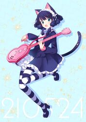  animal_ears aqua_background bell black_dress black_hair blue_eyes blush bow cat_ears cat_girl cat_tail curly_hair cyan_(show_by_rock!!) dated dress female frilled_dress frills full_body guitar hairband heart_guitar highres holding holding_instrument instrument jingle_bell kyuuri_(miyako) leg_up lolita_fashion lolita_hairband long_sleeves looking_at_viewer open_mouth pantyhose plectrum show_by_rock!! simple_background solo sparkle striped_clothes striped_pantyhose tail 