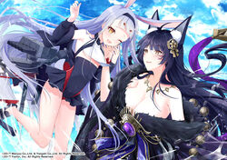  2girls animal_ear_fluff animal_ears azur_lane bare_shoulders black_hair black_hairband blue_sky breasts cleavage cloud cloudy_sky covered_navel fox_ears fox_girl hair_ornament hairband hakazenanato hands_up highres hikimayu kitsune large_breasts multiple_girls musashi_(azur_lane) official_art open_mouth outdoors rabbit_ears rabbit_girl shimakaze_(azur_lane) sky small_breasts smile torpedo_launcher white_hair yellow_eyes 