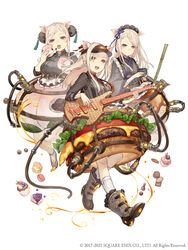  3girls :d animal_ears apron baozi blonde_hair blue_little_pig_(sinoalice) boots breasts burger chinese_clothes cupcake double_bun electric_guitar food food-themed_clothes frills full_body green_little_pig_(sinoalice) guitar hair_bun highres instrument japanese_clothes ji_no kimono large_breasts long_hair longevity_peach_bun looking_at_viewer maid_headdress medium_breasts multiple_girls official_art open_mouth pig_ears plump purple_eyes red_little_pig_(sinoalice) siblings sinoalice sisters skinny small_breasts smile socks suspenders tea teeth tube upper_teeth_only white_background 