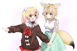  +++ +_+ 2girls :d absurdres animal_ear_fluff animal_ears blonde_hair blush breasts brown_sweater closed_mouth commentary_request dress fox_ears fox_girl fox_tail gradient_hair green_dress green_eyes hair_ornament hair_ribbon heart heart-shaped_pupils highres holding_hands hololive long_hair long_sleeves medium_breasts mocacoco339 momosuzu_nene momosuzu_nene_(casual) multicolored_hair multiple_girls neckerchief oerba_yun_fang official_alternate_costume omaru_polka omaru_polka_(street_casual) open_mouth pink_hair ponytail puff_of_air purple_eyes red_neckerchief red_skirt ribbon shirt short_hair short_sleeves simple_background skin_fang skirt smile streaked_hair sweater symbol-shaped_pupils tail virtual_youtuber white_shirt 