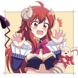  :d =_= ^^^ ahoge bad_id bad_twitter_id bare_shoulders blue_collar blue_sleeves blush bow bowtie breasts broken_horn brown_eyes brown_hair cleavage collar commentary_request crisis_management_form_(machimazo) curled_horns demon_girl demon_horns demon_tail detached_collar detached_sleeves female frilled_sleeves frills hair_between_eyes highres horns large_breasts long_hair long_sleeves looking_at_another looking_to_the_side machikado_mazoku oerba_yun_fang open_mouth purple_bow purple_bowtie red_bow red_ribbon ribbon simple_background skin_fang smile sweatdrop tail tail_raised upper_body very_long_hair wavy_mouth yellow_background yoshida_yuuko_(machikado_mazoku) zeta_(24904340) 