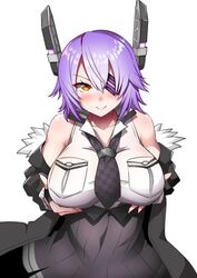  bad_id bad_twitter_id breast_hold breasts checkered_necktie eyepatch female headgear kantai_collection kirigakure_(kirigakure_tantei_jimusho) large_breasts necktie off_shoulder orange_eyes purple_hair shirt sleeveless sleeveless_shirt smile solo tenryuu_(kancolle) tenryuu_kai_ni_(kancolle) upper_body 