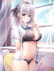  arm_behind_back black_bow black_bra black_panties blue_bow blue_bowtie blush bow bow_bra bow_panties bowtie bra breasts cleavage collared_shirt cowboy_shot curtains dakikano dress_shirt female floral_print frilled_bra frills groin hairbow highres indoors kohinata_yuina kurono_mitsuki lace-trimmed_panties lace_trim large_breasts light_purple_hair lingerie loose_bowtie navel no_pants open_clothes open_shirt panties pillow playing_with_own_hair print_bra purple_eyes school_uniform shirt short_hair short_sleeves smile solo twirling_hair underwear white_shirt window 