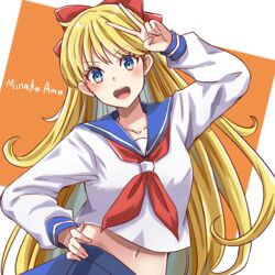  :d absurdres aino_minako bishoujo_senshi_sailor_moon blonde_hair blue_eyes blue_skirt bow chanmarorux character_name collarbone commentary earrings female hair_between_eyes hair_ornament hairbow hand_on_own_hip hand_up highres jewelry juuban_middle_school_uniform long_hair long_sleeves looking_at_viewer midriff multicolored_eyes navel open_mouth red_bow red_ribbon ribbon school_uniform serafuku shirt simple_background skirt smile solo teeth two-tone_background upper_teeth_only v white_shirt 