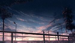  bird blurry blurry_foreground bridge cloud commentary_request dark depth_of_field highres hill lamppost night night_sky no_humans original outdoors power_lines railing river scenery signature sky skyrick9413 star_(sky) starry_sky sunset suspension_bridge tree water 