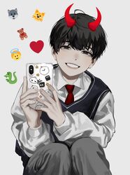  1boy aged_down bishounen black_eyes black_hair blackbox_(blackbox9158) collared_shirt emoji eyebrows_hidden_by_hair grey_pants holding holding_phone horns kim_dokja korean_commentary lolicon long_sleeves male_focus necktie omniscient_reader&#039;s_viewpoint pants parted_lips phone red_necktie school_uniform shirt short_hair simple_background sitting smile solo sticker teeth upper_teeth_only variant_set vest white_background 