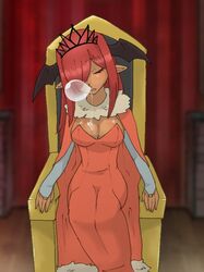  breasts cleavage cloak commentary_request curtains dark-skinned_female dark_skin dress drooling female fur-trimmed_cloak fur_trim head_wings izabera0623 jewelry large_breasts nose_bubble original pointy_ears red_dress red_hair ring saliva saliva_on_breasts sleeping solo throne tiara wings 