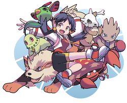  :d absurdres arcanine bike_shorts black_hair bone breasts chikorita cropped_jacket cubone earrings female full_body highres hitmonchan jacket jewelry jumping kris_(pokemon) natu necklace paras poke_ball pokemon pokemon_(creature) pokemon_adventures red_footwear red_shirt shirt shoes smile star_(symbol) star_earrings star_necklace sutokame twintails white_jacket yellow_eyes 