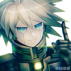  1boy android character_name commentary_request danganronpa_(series) danganronpa_v3:_killing_harmony green_eyes grey_hair hand_up highres index_finger_raised k1-b0 looking_at_viewer male_focus portrait short_hair simple_background smile solo spiked_hair torimeshi_(shiroichi) white_background 