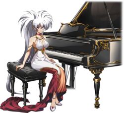  breasts choker cleavage closed_mouth collarbone dress female full_body grand_piano hair_between_eyes hair_ornament high_ponytail highres instrument langrisser langrisser_iii large_breasts long_hair looking_at_viewer luna_(langrisser) musical_note musical_note_hair_ornament official_art piano red_choker red_eyes sideboob sitting sleeveless sleeveless_dress solo third-party_source transparent_background very_long_hair white_dress white_footwear white_hair 