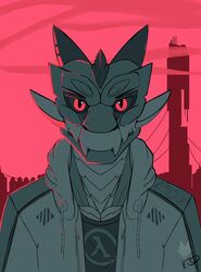  anthro citadel clothing dragon half-life half-life_2 jacket kodiak3d lambda looking_at_viewer male mythological_creature mythological_scalie mythology pink_sky relaxed_expression scalie shirt sky t-shirt topwear valve ven_(kodiak3d) 