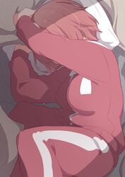  arms_up breasts brown_hair commentary_request covering_face feet_out_of_frame female from_side hatafuta head_on_pillow hoshino_miyako_(wataten) jacket large_breasts long_sleeves lying on_bed on_side pants pillow red_jacket red_pants red_track_suit short_hair solo track_jacket track_pants track_suit watashi_ni_tenshi_ga_maiorita! 