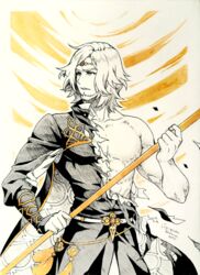  1boy abs bare_pectorals beard circlet collarbone color_ink_(medium) crescentia_fortuna facial_hair fire_emblem fire_emblem:_three_houses fire_emblem_heroes highres looking_to_the_side male_focus medium_hair millipen_(medium) monochrome muscular muscular_male nipples parted_lips pectorals polearm seteth_(fire_emblem) solo spear torn_clothes traditional_media weapon 