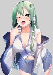  blue_nails blue_skirt blush breasts cleavage collared_shirt detached_sleeves female fingernails frog_hair_ornament green_eyes green_hair grey_background hair_ornament hair_tubes highres japanese_clothes kochiya_sanae large_breasts long_fingernails long_hair miko miniskirt mouth_pull one_eye_closed shirt simple_background skirt sleeveless sleeveless_shirt snake_hair_ornament solo teeth tongue tongue_out touhou tsushi white_shirt 