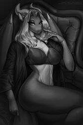  2:3 anthro aurelia_(unbeholden) bedroom_eyes big_breasts bottomless bra breasts clothed clothing curvy_figure dragon ear_piercing female greyscale hi_res horn hourglass_figure lingerie looking_at_viewer monochrome mythological_creature mythological_scalie mythology narrowed_eyes partially_clothed piercing raised_leg scalie seductive sitting slim smooth_horn solo tail underwear yasmil 