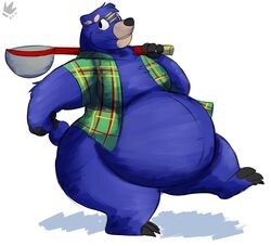  2014 animal_crossing anthro bear blue_body blue_fur clothed clothing fur groucho_(animal_crossing) humanoid_hands lunarlillium male mammal nintendo open_clothing open_shirt open_topwear overweight overweight_anthro overweight_male scar shirt simple_background solo topwear white_background 