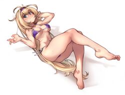  absurdres barefoot bikini blonde_hair blue_eyes blush breasts commission embarrassed feet female full_body granblue_fantasy hair_intakes hairband hand_in_own_hair highres invisible_chair jeanne_d&#039;arc_(granblue_fantasy) jeanne_d&#039;arc_(summer)_(granblue_fantasy) kelvin_hiu leg_up long_hair looking_at_viewer medium_breasts messy_hair navel o-ring o-ring_bikini official_alternate_costume purple_bikini purple_hairband reclining revision side-tie_bikini_bottom sitting solo sweatdrop swimsuit thick_thighs thighs toes underboob very_long_hair 