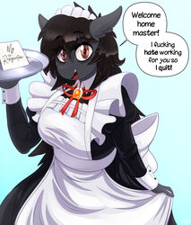  2022 absurd_res anthro brown_eyes clothing dialogue earth_pony english_text equid equine eye_bags fan_character female hasbro hi_res horse maid_apron maid_hat maid_uniform mammal my_little_pony platter pony profanity replica_(artist) replica_(oc) solo speech_bubble text uniform 