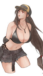  arms_behind_back bikini black_bikini black_hair breasts denim denim_shorts elbow_pads female final_fantasy final_fantasy_vii final_fantasy_vii_ever_crisis frayed_shorts grey_shorts hat highres large_breasts linono long_hair looking_to_the_side low-tied_long_hair official_alternate_costume short_shorts shorts side-tie_bikini_bottom single_elbow_pad solo swimsuit tifa_lockhart tifa_lockhart_(lifeguard) whistle whistle_around_neck 