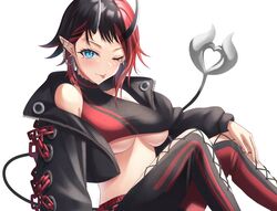  balflear_(oe19nlud) black_hair black_jacket black_pants black_sports_bra blue_eyes blush breasts closed_mouth commentary_request cropped_jacket cross-laced_pants demon_girl demon_horns demon_tail ear_chain ear_piercing earrings feet_out_of_frame female highres horns jacket jewelry looking_at_viewer medium_breasts multicolored_hair nanashi_inc. off_shoulder one_eye_closed pants piercing pointy_ears red_hair red_pants red_sports_bra ryugasaki_rene ryugasaki_rene_(1st_costume) short_hair simple_background smile solo sports_bra sugar_lyric tail tongue tongue_out two-tone_hair two-tone_sports_bra underboob virtual_youtuber white_background zipper 