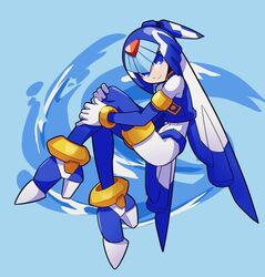  android armor blue_armor blue_background blue_eyes blue_footwear blue_helmet blue_sleeves blue_vest boots closed_mouth crop_top detached_sleeves fairy_leviathan_(mega_man) female forehead_jewel full_body gloves helmet high_heel_boots high_heels highres hugging_own_legs legs looking_at_viewer mega_man_(series) mega_man_zero_(series) omeehayo simple_background smile solo thigh_boots vest water 