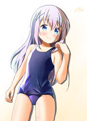  blue_eyes blue_hair commentary_request female flat_chest gochuumon_wa_usagi_desu_ka? hair_ornament highres inakami kafuu_chino light_blue_hair long_hair looking_at_viewer lying one-piece_swimsuit school_swimsuit signature simple_background solo swimsuit white_background x_hair_ornament 