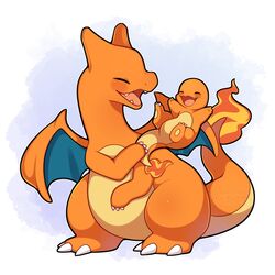  1:1 2023 :d absurd_res ambiguous_gender blue_background blush charizard charmander claws closed_eyes detailed duo fangs featureless_crotch feet feral finger_claws fire flaming_tail generation_1_pokemon hand_on_tail happy hi_res horn legs_up long_tail multicolored_body multicolored_skin multicolored_tail multicolored_wings nintendo open_mouth orange_body orange_horn orange_nose orange_skin orange_tail orange_wings pawpads pink_tongue pokemon pokemon_(species) raised_arm raised_arms raised_leg scalie seviyummy shadow sharp_teeth simple_background size_difference slightly_chubby slightly_chubby_ambiguous small_claws small_fangs smile standing tail tailbutt teal_wings teeth thick_tail thick_thighs toe_claws tongue watermark white_background wings yellow_body yellow_pawpads yellow_skin yellow_tail 