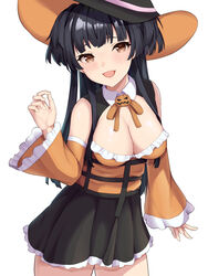  72_(mmmmkk) bare_shoulders black_hair black_skirt blunt_bangs breasts brooch brown_eyes cleavage commentary cowboy_shot detached_sleeves female frilled_sleeves frills hand_up hat highres idolmaster idolmaster_shiny_colors jack-o&#039;-lantern_brooch jack-o&#039;-lantern_ornament jewelry leaning_to_the_side long_hair long_sleeves looking_at_viewer mayuzumi_fuyuko open_mouth simple_background skirt smile solo thighs wide_sleeves witch_hat 