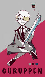  1boy absurdres black_footwear black_necktie blonde_hair blue_eyes cape character_name collared_shirt color_guide commentary formal full_body glasses glint grey_background grey_jacket grey_pants grin gruppen_fuhrer hair_ornament hair_over_one_eye hairclip hand_up happy highres holding holding_sword holding_weapon indian_style jacket kamonabe_(kamonabeekon) long_sleeves looking_to_the_side male_focus marumaru_no_shuyaku_wa_wareware_da! muted_color necktie pants red_background semi-rimless_eyewear shirt shoes short_hair simple_background sitting smile solo straight-on suit sword teeth two-tone_background weapon white_shirt 