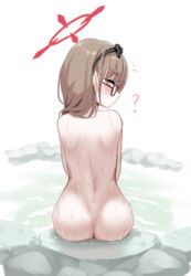  ? ass back bathing black_hairband blue_archive blush chinatsu_(blue_archive) chinatsu_(hot_spring)_(blue_archive) commentary completely_nude dimples_of_venus english_commentary female from_behind glasses hair_between_eyes hair_over_shoulder hairband halo head_tilt light_brown_hair looking_at_viewer nude onsen outdoors parted_bangs parted_lips partially_submerged pointy_ears pool red-framed_eyewear rock sensei_(blue_archive) sidelocks sitting sitting_on_rock solo steam sweat tscplayer water water_drop wet yellow_eyes 