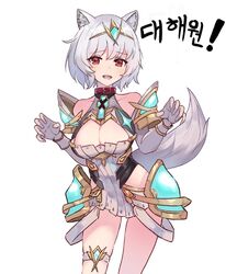  animal_ears artist_request bare_legs bare_shoulders breasts chest_jewel claw_pose cleavage cleavage_cutout clothing_cutout commentary_request cosplay dress elbow_gloves female gem gloves grey_hair grey_tail headpiece inubashiri_momiji korean_commentary leaning_forward looking_at_viewer medium_breasts mythra_(xenoblade) mythra_(xenoblade)_(cosplay) open_mouth red_eyes second-party_source short_dress short_hair simple_background solo tail teeth thigh_strap tiara touhou upper_teeth_only white_background white_dress white_gloves wolf_ears wolf_girl wolf_tail xenoblade_chronicles_(series) xenoblade_chronicles_2 