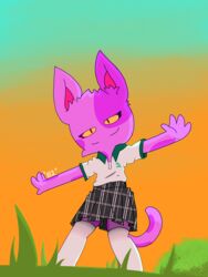  3:4 animal_crossing anthro bob_(animal_crossing) clothing conalep digital_media_(artwork) domestic_cat felid feline felis femboy hi_res kaelba male mammal narrow_tail nintendo smile solo tail thin_tail uniform 