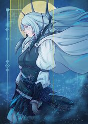  blue_vest cape female final_fantasy final_fantasy_xvi frilled_sleeves frills from_side frost glowing glowing_hair glowing_lines grey_hair highres jill_warrick leather_vest long_hair long_skirt moon night roxe_(ro_x_e) skirt solo standing vest white_cape 