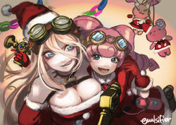  2girls :d bare_shoulders black_choker blonde_hair blue_eyes breasts choker christmas cleavage danganronpa_(series) danganronpa_v3:_killing_harmony dress drill_hair from_above fur-trimmed_dress fur-trimmed_headwear fur_trim gloves goggles goggles_on_head gyakuten_saiban hair_rings hat holding iris_wilson iruma_miu kumaris long_hair looking_at_another lower_teeth_only multiple_girls nyuukazai o-ring open_mouth parted_lips pink_hair red_dress red_gloves red_headwear sack santa_costume santa_dress santa_hat smile stuffed_toy teeth the_great_ace_attorney the_great_ace_attorney:_adventures twin_drills 