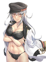  black_bra black_hat black_panties blush bra breasts cleavage closed_mouth collarbone cowboy_shot crossed_arms female gangut_(kancolle) gangut_dva_(kancolle) hair_between_eyes hair_ornament hairclip hat highres jacket jacket_on_shoulders kantai_collection kokuzou large_breasts long_hair navel orange_eyes panties peaked_cap scar scar_on_face simple_background smile solo underwear white_background white_hair white_jacket 