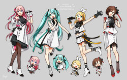  4girls :d alternate_costume ankle_boots aqua_eyes aqua_hair aqua_ribbon armband armpits bangs bare_arms bare_legs belt black_belt black_bow black_bowtie black_dress black_gloves black_legwear black_ribbon blonde_hair boots bow bowtie brown_eyes brown_hair buttons buzz character_name chibi chibi_inset collared_dress contrapposto crop_top dot_nose dress fingernails floating_hair foot_up full_body gloves grey_background group_name hair_between_eyes hair_ribbon hairbow hand_on_own_chest hatsune_miku high-waist_skirt high_heels highres holding holding_microphone idol idol_clothes jumping kagamine_rin knees_together_feet_apart lineup long_hair looking_at_viewer megurine_luka meiko microphone midriff_peek more_more_jump!_(project_sekai) multiple_girls navel neck_ribbon open_mouth outstretched_hand pantyhose pink_hair pink_ribbon project_sekai purple_eyes red_belt red_footwear red_nails ribbon short_hair shorts signature silver_trim simple_background single_glove single_horizontal_stripe single_stripe skirt smile sock_garters socks standing standing_on_one_leg striped striped_ribbon swept_bangs text_focus thigh_strap twintails underbust vocaloid waist_bow waistcoat white_armband white_bow white_footwear white_gloves white_shorts white_skirt wing_collar 