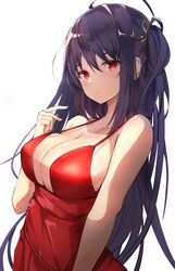  azur_lane black_hair breasts cleavage commentary dress female hair_ornament highres large_breasts long_hair looking_at_viewer official_alternate_costume red_dress red_eyes runep simple_background sleeveless sleeveless_dress solo taihou_(azur_lane) taihou_(forbidden_feast)_(azur_lane) white_background 