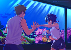  1boy afureru_colors aquarium artist_name blue_eyes blue_shorts braid brown_hair coral female fish highres indoors looking_at_another misakino_kukuru nakamura_kai punching shell_hair_ornament shiroi_suna_no_aquatope shirt short_hair shorts sleeveless sleeveless_shirt standing sweat white_shirt 