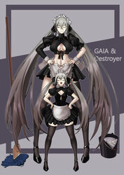  2girls absurdly_long_hair absurdres alternate_costume apron asymmetrical_legwear breasts bucket cel_da_lin destroyer_(girls&#039;_frontline) dual_persona enmaided gaia_(girls&#039;_frontline) girls&#039;_frontline gradient_hair grey_hair hands_on_own_hips high_heels highres korean_commentary large_breasts long_hair low_twintails maid maid_apron maid_headdress mop multicolored_hair multiple_girls navel puffy_short_sleeves puffy_sleeves sangvis_ferri short_sleeves size_difference small_breasts smug thighhighs twintails uneven_legwear very_long_hair 